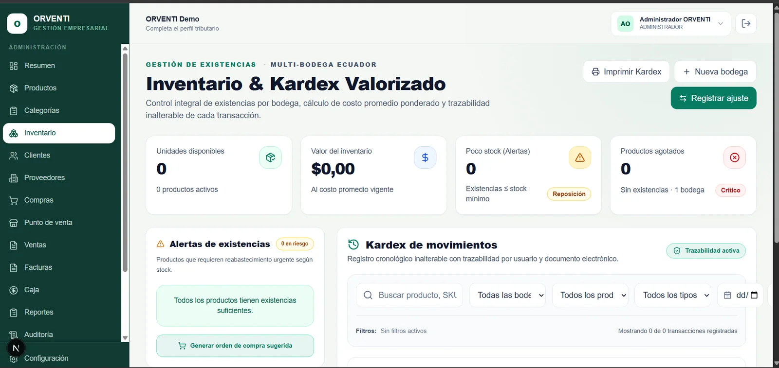 Pantalla de inventario y Kardex valorizado de ORVENTI Demo